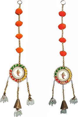 SREE Woollen Pompom with Recycled Beads Door Hanging Toran in Pair Decorative Showpiece  -  53 cm(Plastic, Orange, Gold)