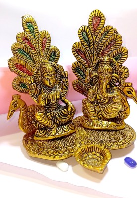 Rci Handicrafts Shri Laxmi Mata with Ganesh Ji Idol Peckock Singhasan Diya Set For Puja Decorative Showpiece  -  8 cm(Brass, Multicolor)