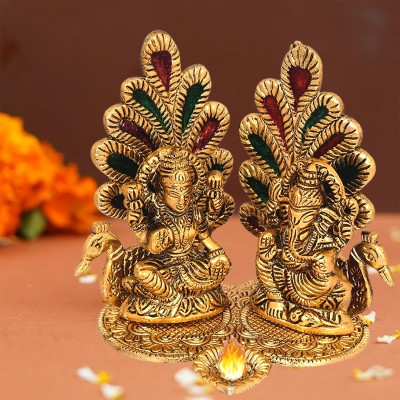 Kitlyn Brass Lakshmi Ganesh Idol with Diya Ganesh ji, Laxmi Ji Idol, Peacock Design Decorative Showpiece  -  14 cm(Brass, Gold)