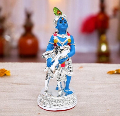Natriel Premium Gifting for Krishna Lovers Divine Govinda With Cow Religious Idol Decorative Showpiece  -  9 cm(Polyresin, Silver)