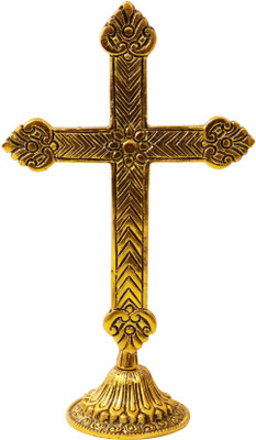Spillbox Oxidized Metal Cross Idol|Showpiece for Home Decor|Christian Decorative Decorative Showpiece  -  22 cm(Brass, Yellow)