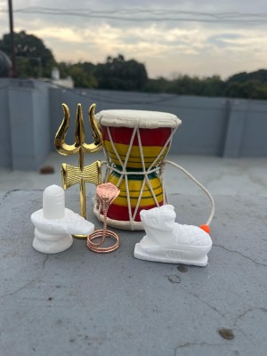 Chkoteravatiya white Nandi Shivling, Copper Naag and Golden Trishul, Wooden Damru combo Decorative Showpiece  -  10 cm(Marble, White)