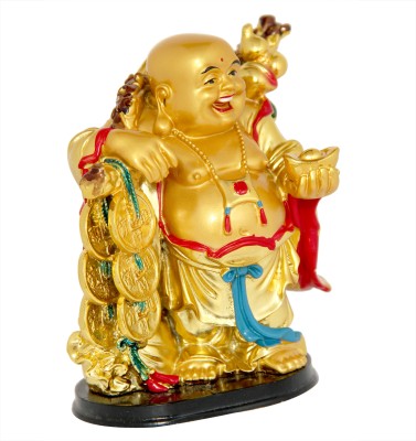 9tees Mart Vastu Fengshui Happy Man Laughing Buddha with Coin Chain For Helath Wealth Decorative Showpiece  -  14 cm(Polyresin, Resin, Gold)