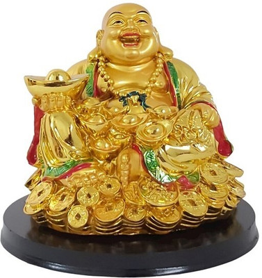 Goodmarts Feng Shui Polyresin Laughing Buddha Siitting on Money with Ingot Decorative Showpiece  -  25 cm(Polyresin, Gold)