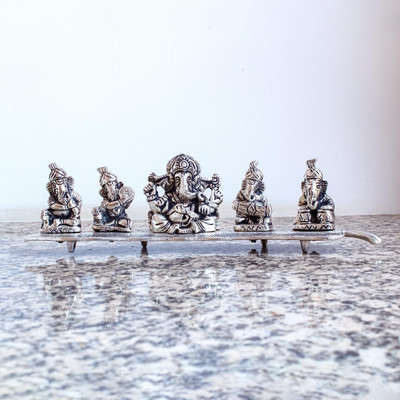 SWAHA Swaha 5 Musical Ganesha Idols | Set of 5 Ganesha Murthi Statue Decorative Showpiece  -  7 cm(Metal, Silver)