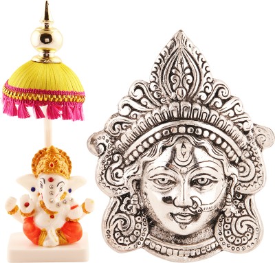 jagriti enterprise Exquisite Marble Ganesh Idol Chatri Metal Maa Durga Face Silver Wall Hanging Decorative Showpiece  -  2 cm(Marble, Silver Plated, Metal, White, Yellow)
