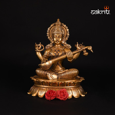 sacred needs Sacred Needs Brass Lotus Saraswathi Idol – 11.4 Inch (29 cm) Height Decorative Showpiece  -  29 cm(Brass, Yellow)