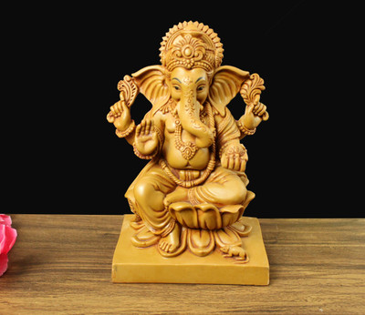 Antiques Nirmala Handmade Resin Lotus Ganesh Statue Ganpati Blessing Idol Decorative Showpiece  -  11.25 cm(Polyresin, Brown)