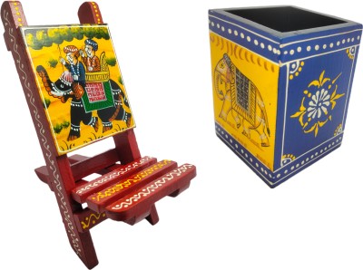 Kaizen craft Artistic Rajasthani Meenakari Handpainted Wooden Mobile stand & Pen holder combo Decorative Showpiece  -  16 cm(Wood, Red, Brown, Yellow)