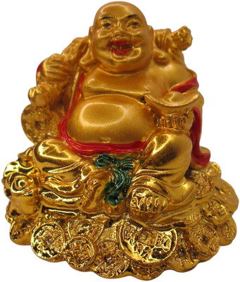 Anantamitra Feng Shui Laughing Buddha Golden Figurine on Coins for Good Luck & Prosperity Decorative Showpiece  -  6 cm(Polyresin, Gold)