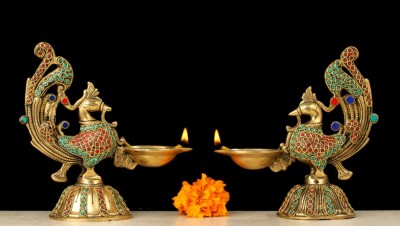 Banshi Handicrafts and Arts Brass Bird Deepak, 20 cm Brass Inlay Work Oil Lamp Decorative Diyas(Set of 2) Decorative Showpiece  -  19 cm(Brass, Multicolor)