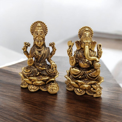 SJL Wax Casting Brass Lakshmi Ganesh Idol for Pooja,Home,Office & Car Dashboard Decorative Showpiece  -  6 cm(Brass, Gold)
