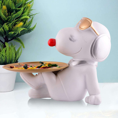 Aadishree Decorative White & Golden Resin Dog Sculpture Tray for Home & Office Table Décor Decorative Showpiece  -  8 cm(Resin, White)