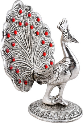 RUHVANA Dancing Peacock Showpiece (Silver Finish with Golden Accents) Decorative Showpiece  -  14 cm(Aluminium, Silver)