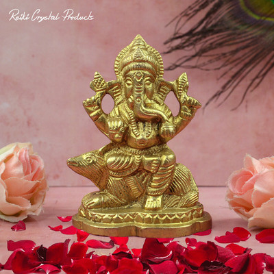 REIKI CRYSTAL PRODUCTS Brass Ganesha with Mushak Ganesh Statue God Hindu Lord Idol for Diwali Gift Decorative Showpiece  -  7 cm(Brass, Gold)