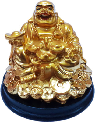 Spreading Smiles Buddha sitting on bundle of coins Decorative Showpiece  -  10 cm(Polyresin, Gold)