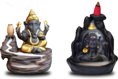 Kavya Craft Ganesha and Shiva Mahakal Backflow Smoke Fountain With 20pcs of Scented Cone Decorative Showpiece  -  10 cm(Resin, Brown)