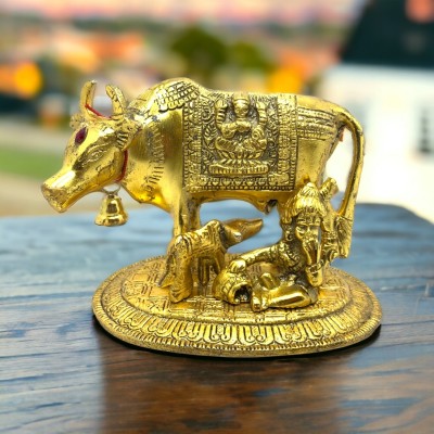 SATVANG Cow Nandi With Calf Decorative Showpiece  -  10 cm(Aluminium, Gold)