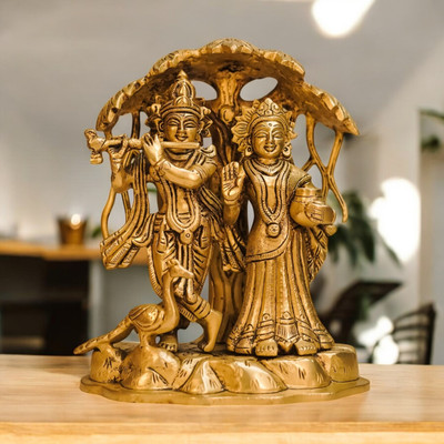 SJL Radha Krishna Under Tree/Lord Radha Krishna Under Tree Playing Flute Decorative Showpiece  -  20 cm(Brass, Gold)