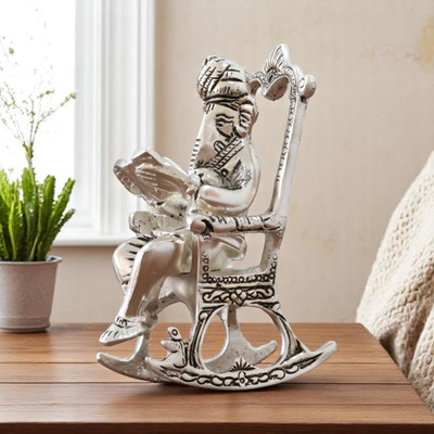 KridayKraft Chair Ganesh ganpati Idol with Reading Ramayan Home Decoration and Gifts Decorative Showpiece  -  15 cm(Aluminium, Silver)