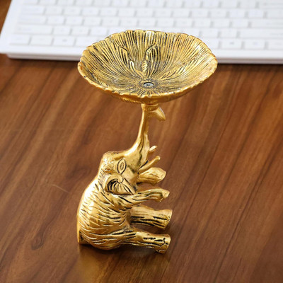 KridayKraft Baby Elephant Trunkup Showpiece Dry Fruit Bowl Showpiece Decorative Showpiece  -  17 cm(Aluminium, Gold)