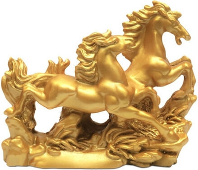 vastu-vigyan VASTU Golden Two Running Horses for Prosperity/Positive Energy Showpiece Decorative Showpiece  -  16 cm(Resin, Yellow)