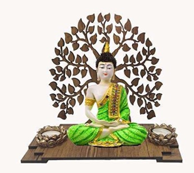 SN Handicrafts Sitting Buddha Idol Statue, Wooden Bodhi Tree with 2 Tealight Candle Holder Decorative Showpiece  -  26 cm(Polyresin, Green)