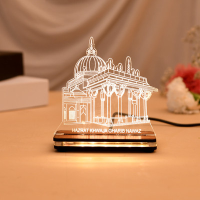 KhwajaDarbar Ajmer Sharif Dargah LED Light Showpiece USB Powered Islamic Muslim Car Dashboard Decorative Showpiece  -  11.5 cm(Glass, Wood, Brown, Clear)