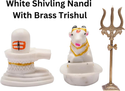 EliteTouch Marble Dust Handmade Shivling and Nandi Idol Statue shivling Trishul for Temple Decorative Showpiece  -  6 cm(Resin, White)