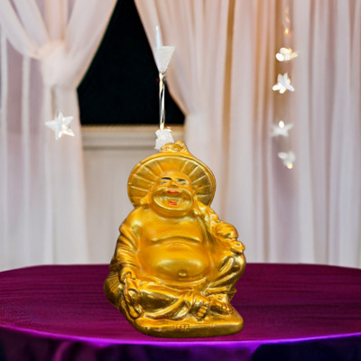 salvusappsolutions Polyresin Feng Shui Golden Laughing Buddha for Good Luck, Home-Office Decor & Gift (Gold_5 cm) (L3) Decorative Showpiece  -  5 cm(Polyresin, Gold)