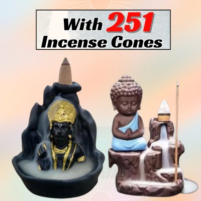 MurtiMall Handcrafted Backflow Hanuman and Buddha Idol for Home with 251 Incense Cones Decorative Showpiece  -  12 cm(Polyresin, Dark Blue)