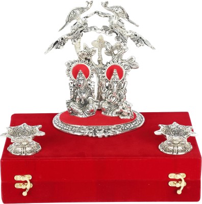 GIFTCITY Laxmi Ganesh Murti Under Peacock Tree With 2Pcs Silver Color Diya And 1 Red Box Decorative Showpiece  -  21 cm(Metal, Silver, Silver)
