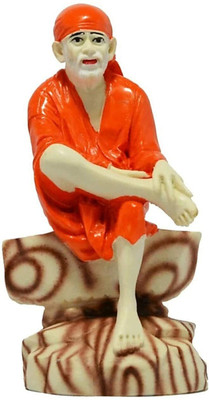 Tulika Collections Sai Baba Murti ,Idol Sitting on Antique Stone , Car Dashboard, Home Temple Decorative Showpiece  -  12 cm(Polyresin, Orange, White)