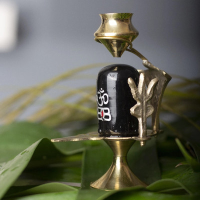 Fashion Bizz Brass Shiva Lingam Abhishek Patra with Trishul and Nag for Pooja Decorative Showpiece  -  8 cm(Brass, Gold, Black)