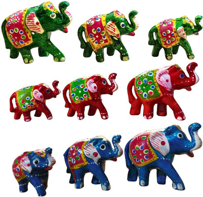 Dastkaari Elephant Set 9 Pcs Decorative Showpiece  -  7 cm(Plastic, Green, Red, Blue)