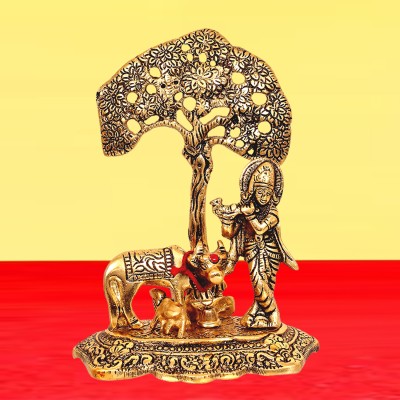 Kitlyn Metal Krishna with Cow Idol, 6 inches, Gold, 1 Statue, (Pack of 1) Decorative Showpiece  -  15 cm(Metal, Gold)