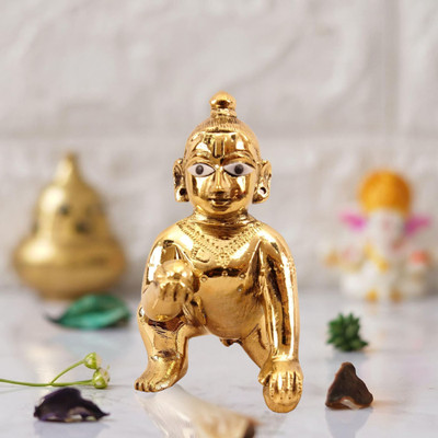 Chhariya Crafts Metal Krishna Idol Laddu Gopal Ji Murti For Home And Office Temple Decorative Showpiece  -  5 cm(Metal, Gold)