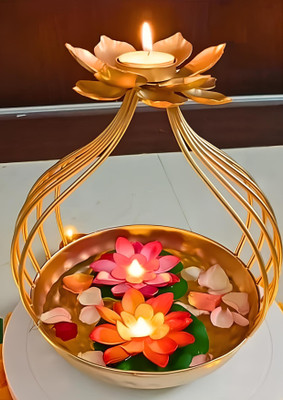 Homing Thistle Metal Lotus Urli Big Size with multilayer leaves Tabletop Decorative Showpiece Decorative Showpiece  -  28 cm(Iron, Gold)