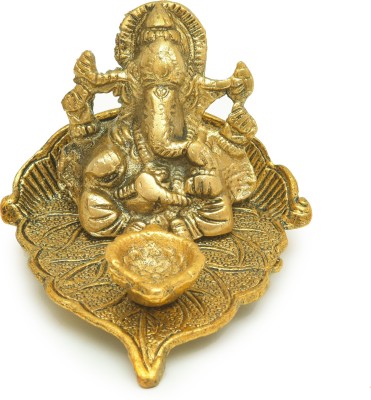Vj Shree Lord Ganesh on Leaf, Diya Brass Ganesh (Golden Leaf , Pack of 1) Religious Idol Decorative Showpiece  -  6 cm(Metal, Gold)