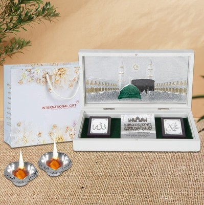 INTERNATIONAL GIFT Silver Plated Islamic Mecca Medina Temple Prayer Box with 2 Diya | For Eid Gift Decorative Showpiece  -  10 cm(Aluminium, Silver)