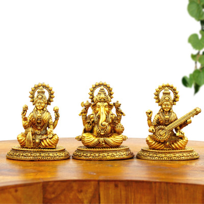SMILES GIFT Gold Plated Laxmi Ganesh Saraswati Idol – Metal Murti for Pooja Decorative Showpiece  -  7.62 cm(Brass, Gold)
