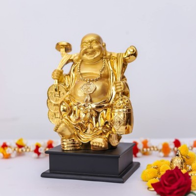 krishnagallery1 G Gold Plated & with Wooden Base Feng Shui Laughing Buddha , Love Couple Decorative Showpiece  -  26 cm(Gold Plated, White, Gold)