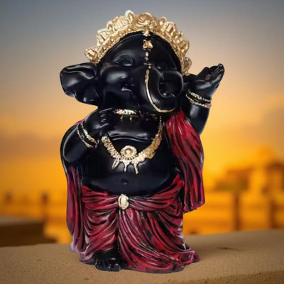 DECORE CREATORS Elegant Ganpati Statue – Black Resin Finish with Red & Gold Detailing Decorative Showpiece  -  5 cm(Resin, Black)