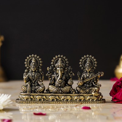 THOLIYA ARTS Maa Lakshmi Saraswati Ganesha Sitting Murti Laxmi Ganesh Sarasvati Idol Statue Decorative Showpiece  -  15.24 cm(Brass, Gold)