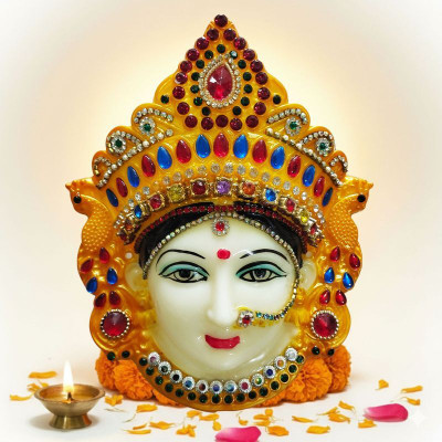 Poojnam Polyfibre Goddess Mata Maha Lakshmi (Laxmi) Mukhota - Yellow Color 6 inch Decorative Showpiece  -  3.5 cm(Fiber, Yellow)