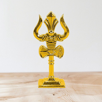 Stylewell Metal Shiv/Mahadev Trishul/Trident with Damaru Double Side God Stand for Gifting Decorative Showpiece  -  7 cm(Metal, Gold)