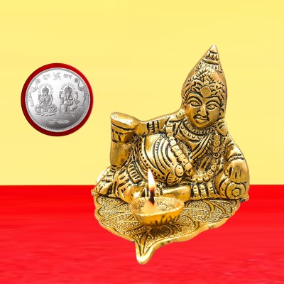 Kitlyn Kuber Diya, Table Diya, Kubera for Good Luck, Laxmi Ganesh Silver Coin Decorative Showpiece  -  9 cm(Brass, Gold)