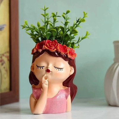 SUBSOLUTION ENTERPRISES Head Planter Small New Girl Resin Pot for Succulents, Indoor Outdoor Stylish Use Decorative Showpiece  -  11 cm(Resin, Pink)