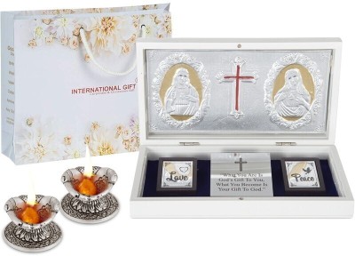 INTERNATIONAL GIFT Silver Plated Jesus Christ & Mother Mary Prayer Box With 2 Diya | For Pooja Decorative Showpiece  -  4 cm(Silver Plated, Silver)