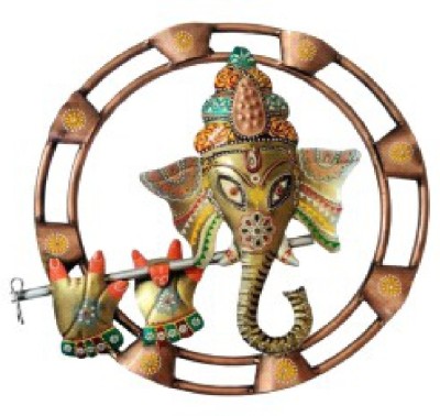 BMC Wall Hanging Metal Lord Ganesha Playing Flute Decor Wall Decorative Showpiece  -  25 cm(Iron, Brown)